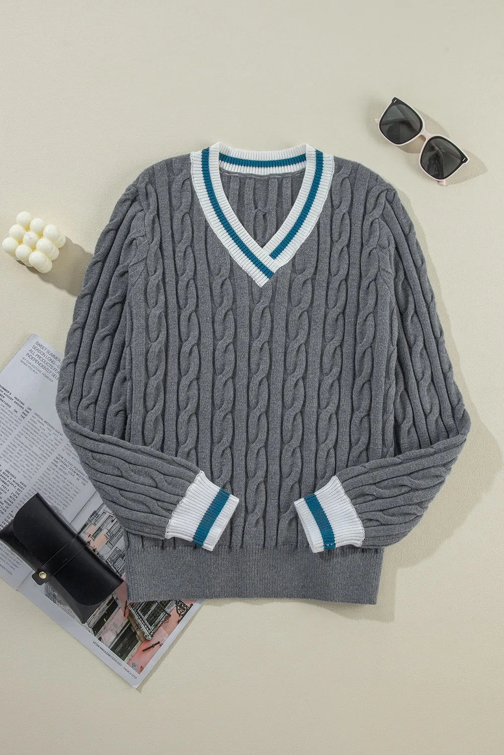 Cable-Knit V-Neck Long Sleeve Sweater Trendsi