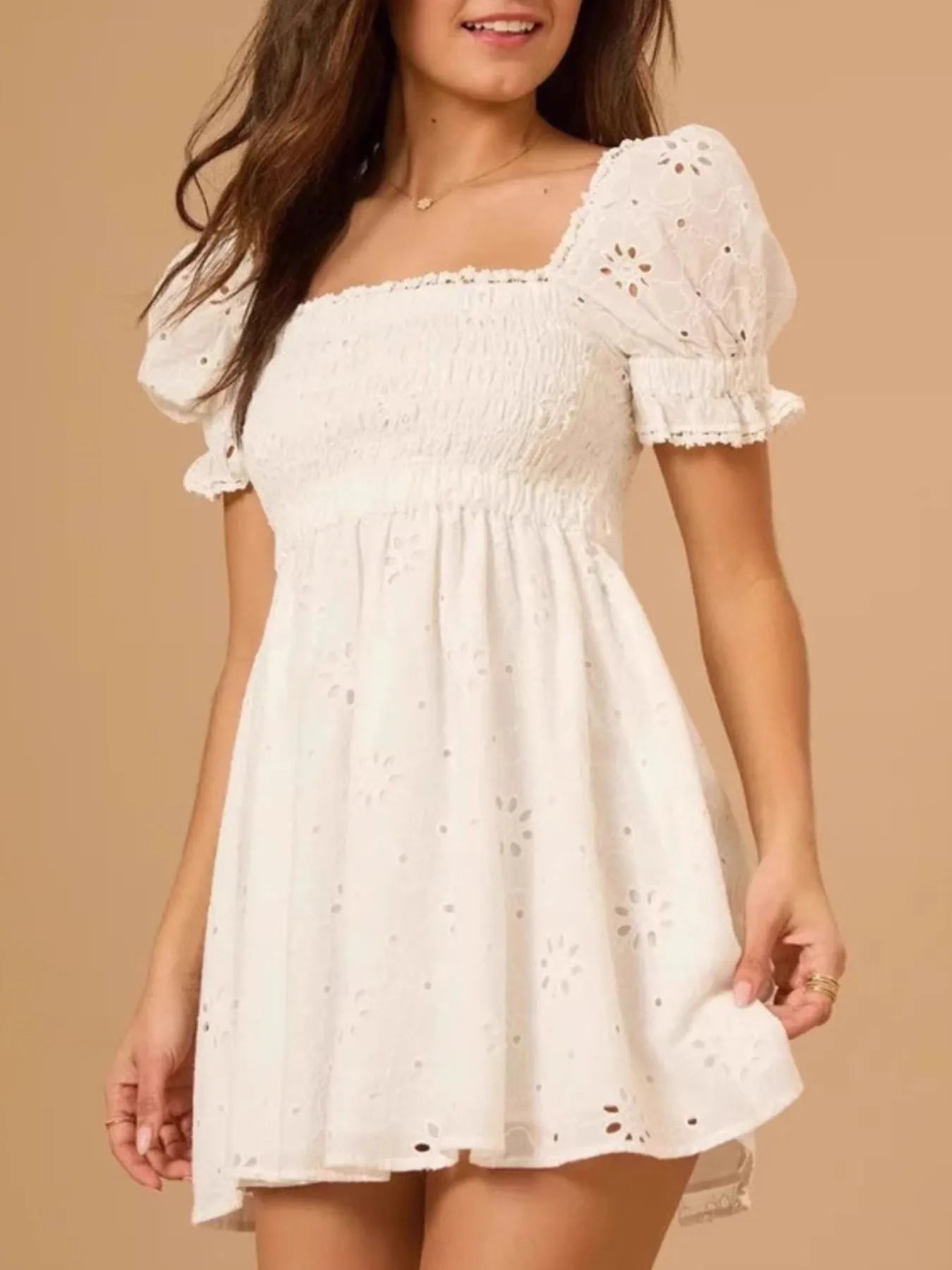 Eyelet Puff Sleeve Smocked Mini Dress White OutfitFlow