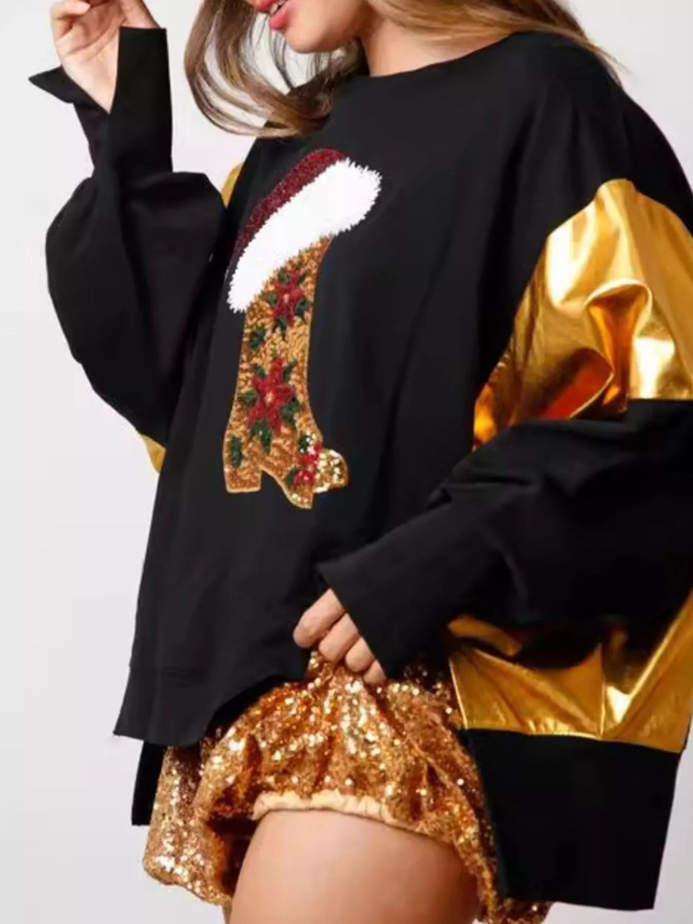 Christmas Sequin Boot Long Sleeve Sweatshirt OutfitFlow