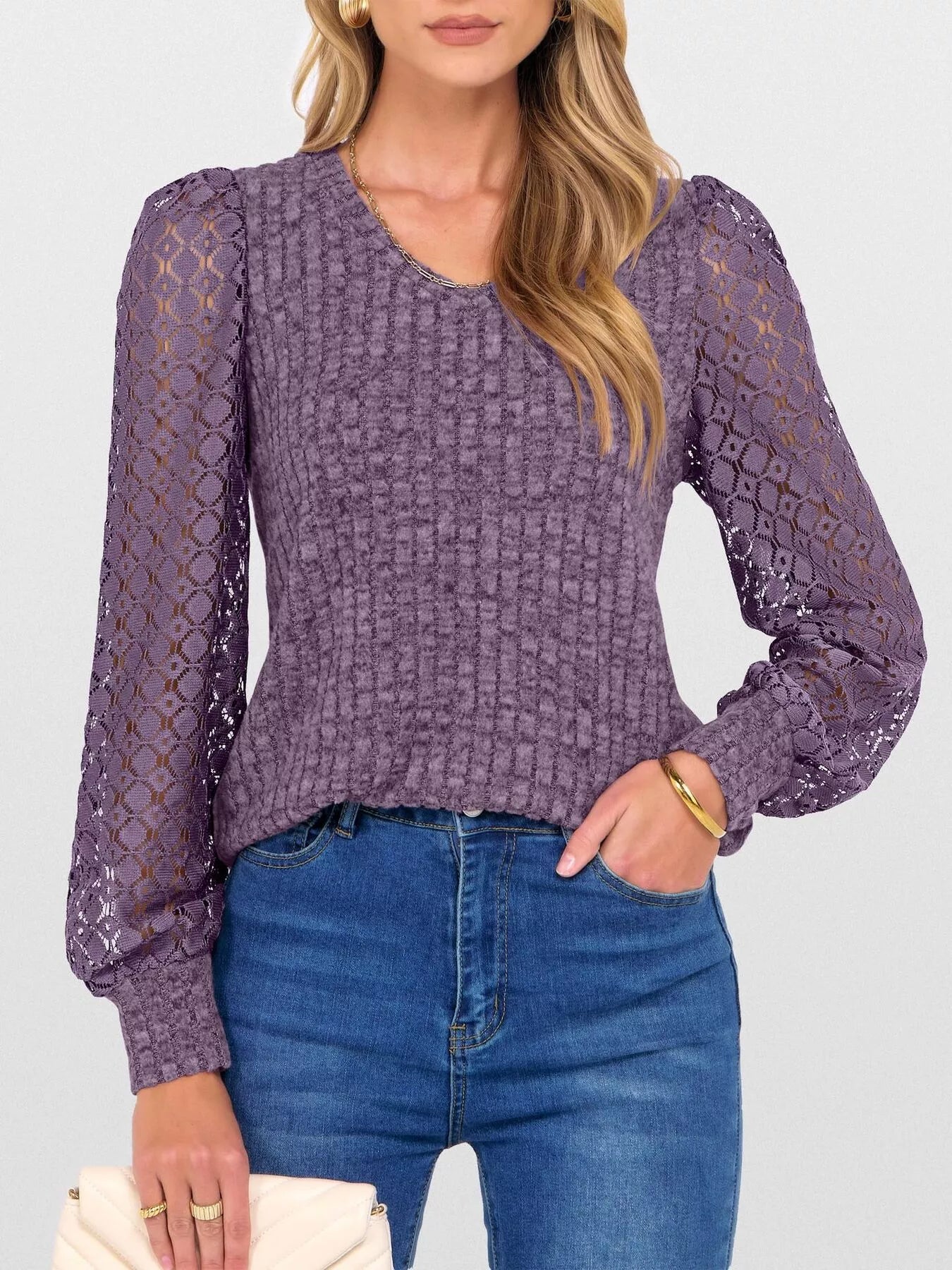 Lace Sleeve V-Neck T-Shirt OutfitFlow