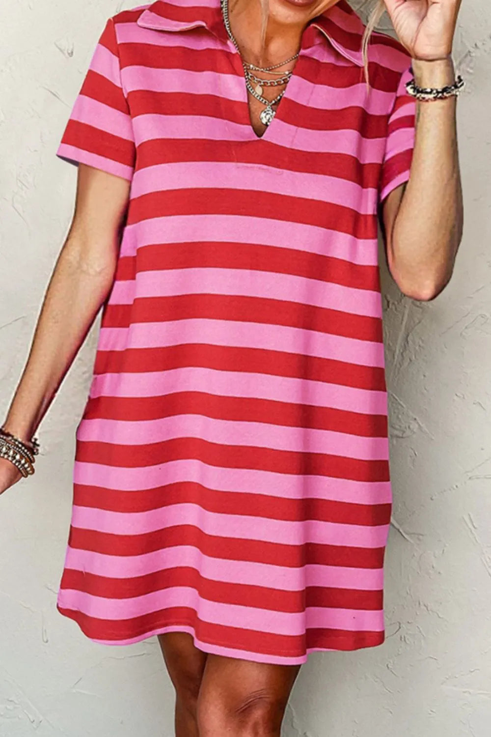 Casual Striped Polo Collar T-Shirt Dress OutfitFlow
