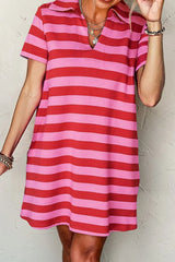 Casual Striped Polo Collar T-Shirt Dress OutfitFlow