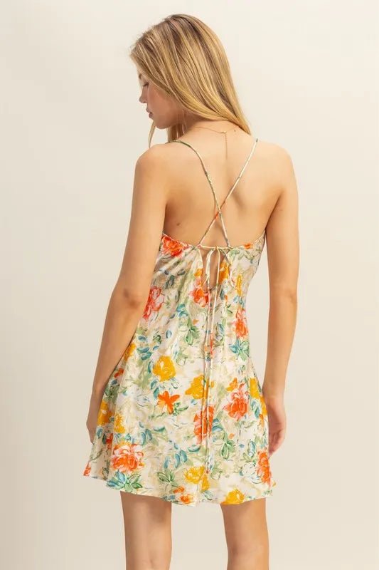 HYFVE Floral Cowl Neck Flirty Satin Mini Dress OutfitFlow