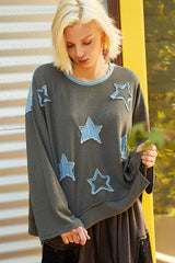 POL Exposed Seam Relaxed Fit Sweater with Star Denim Patch Trendsi