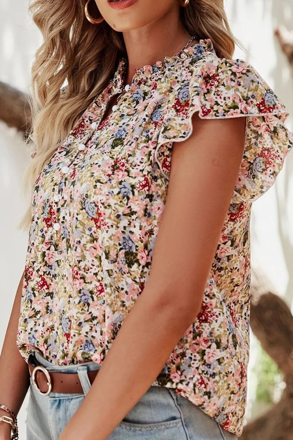 Floral Print Ruffle Cap Sleeve Blouse OutfitFlow