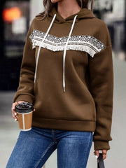 Fringe Detail Long Sleeve Drawstring Hoodie OutfitFlow