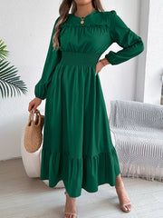 Round Neck Balloon Sleeve Tiered Dress Dark Green OutfitFlow