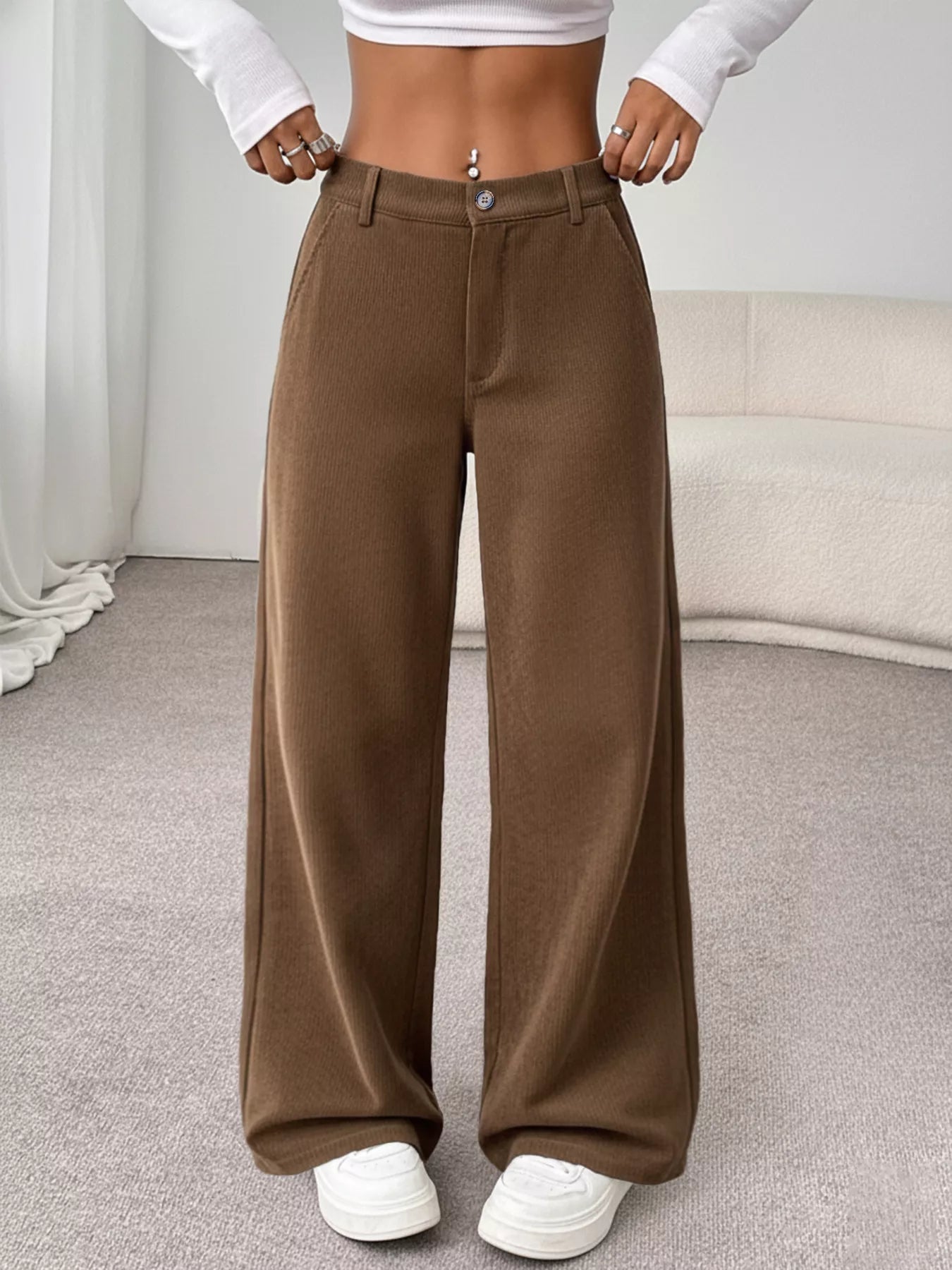 Wide Leg Casual Pants Brown OutfitFlow