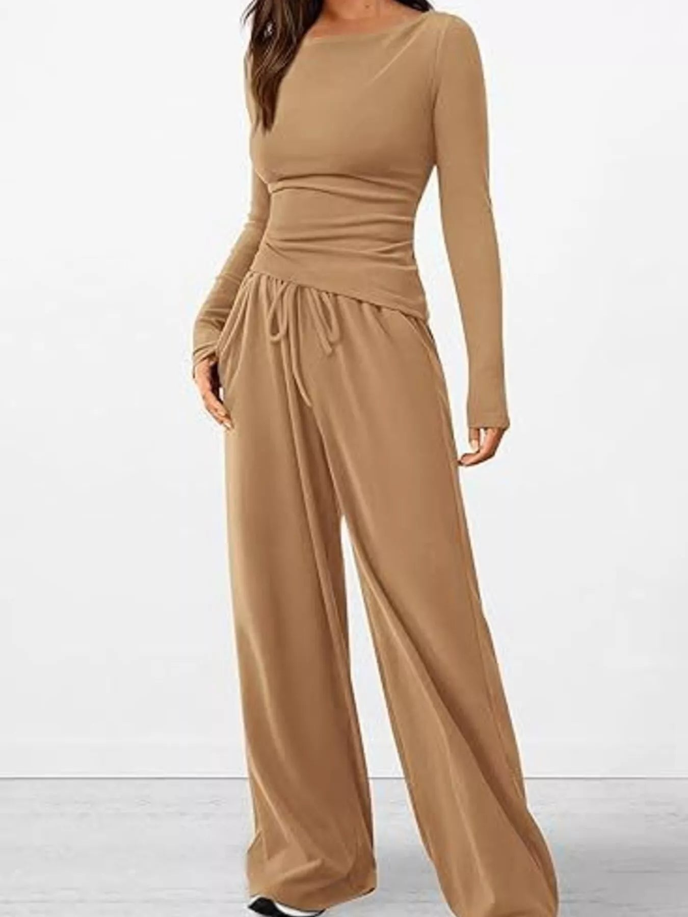 Long Sleeve Top and Wide Leg Pants Set Khaki OutfitFlow