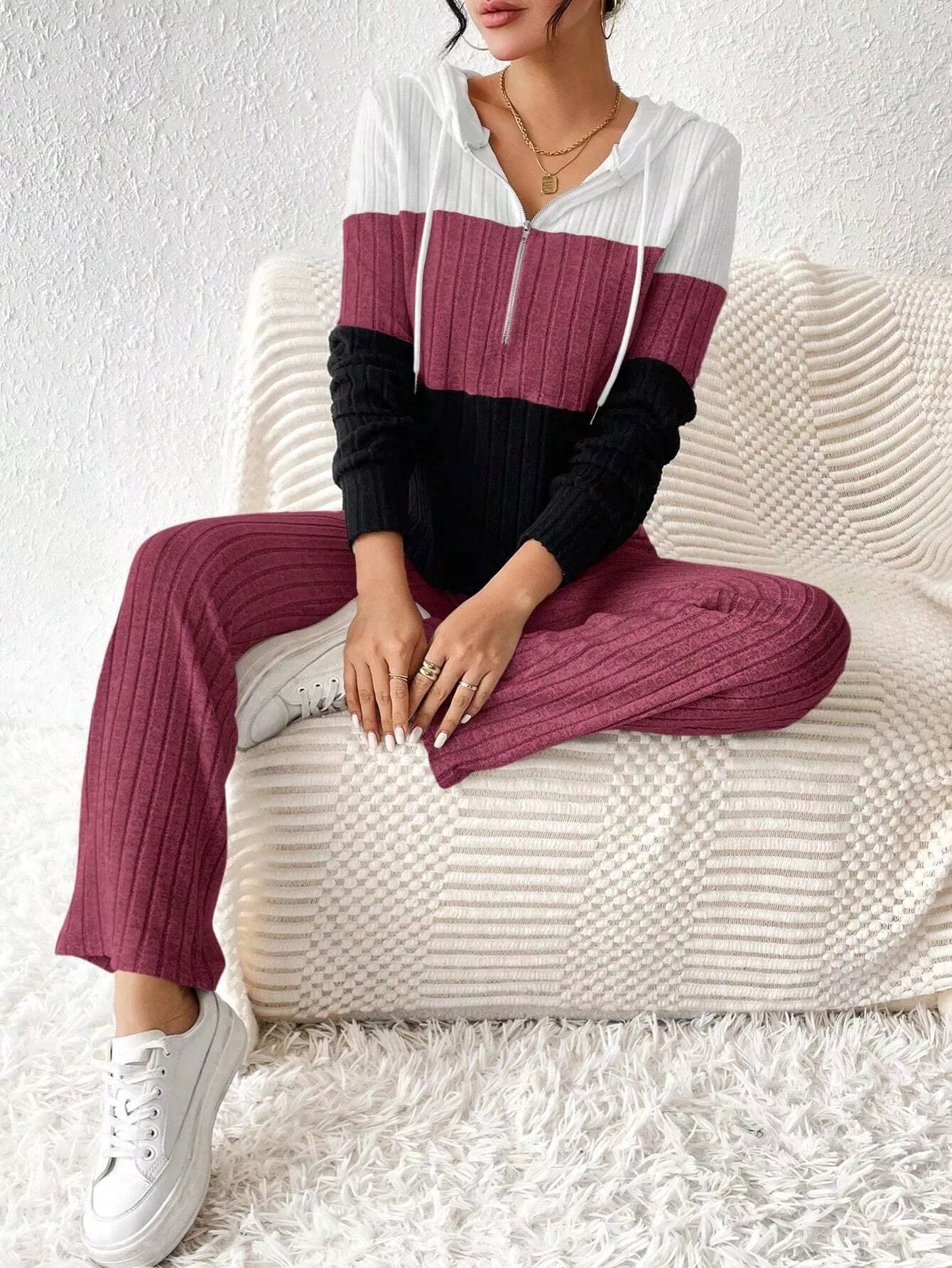 Color Block Half Zip Hooded Top and Pants Set OutfitFlow