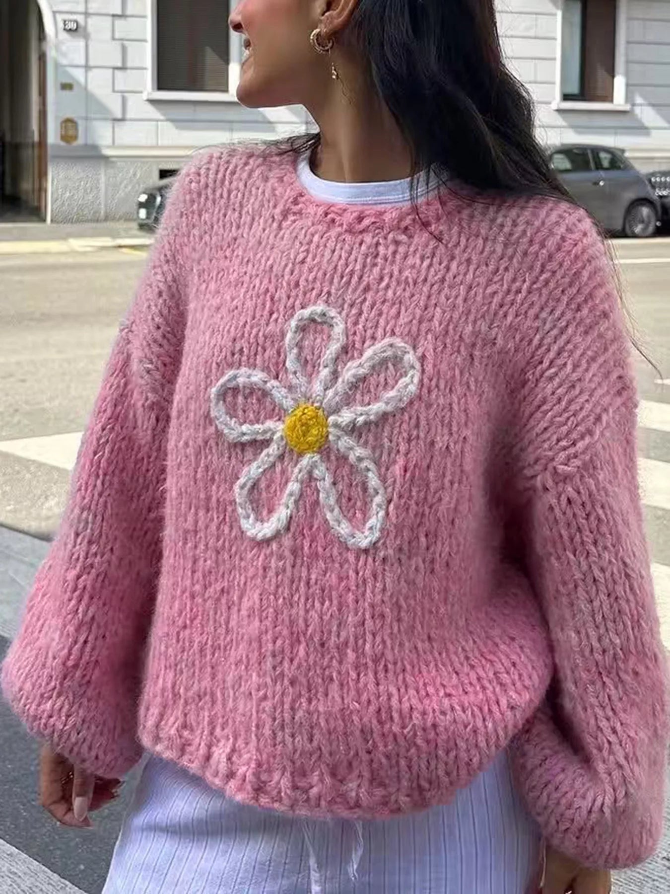 Flower Round Neck Dropped Shoulder Sweater OutfitFlow