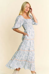Davi & Dani Contrast Ric Smocking Bodice Tiered Midi Dress OutfitFlow