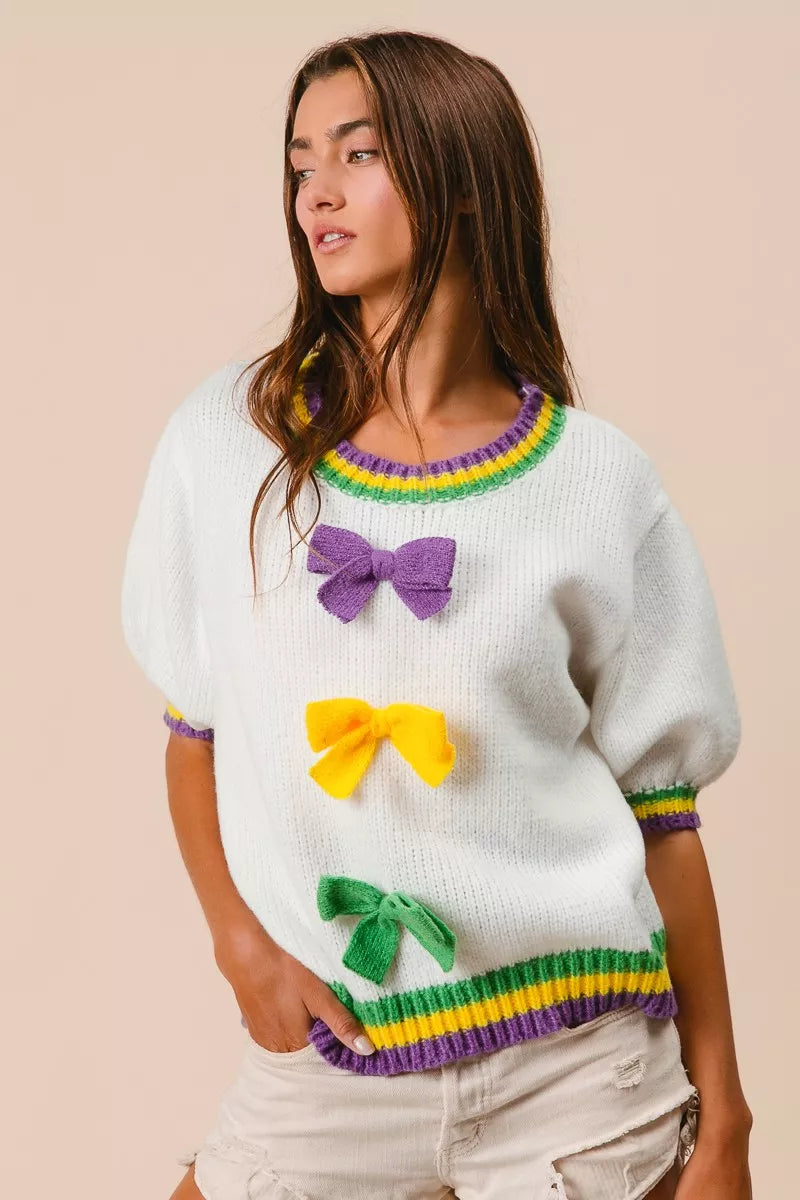 BiBi Short Puff Sleeve Ribbon Bow Mardi Gras Sweater OutfitFlow