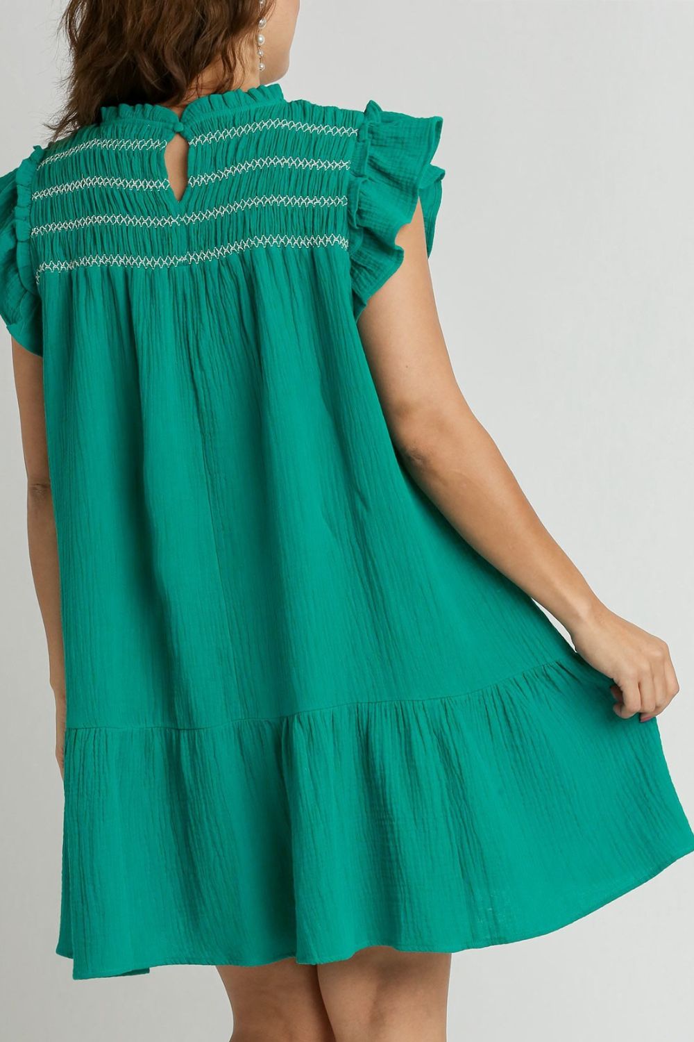 Umgee Full Size Smocked Contrast Stitching Ruffle Cap Sleeve Round Neck Dress Plus Size OutfitFlow