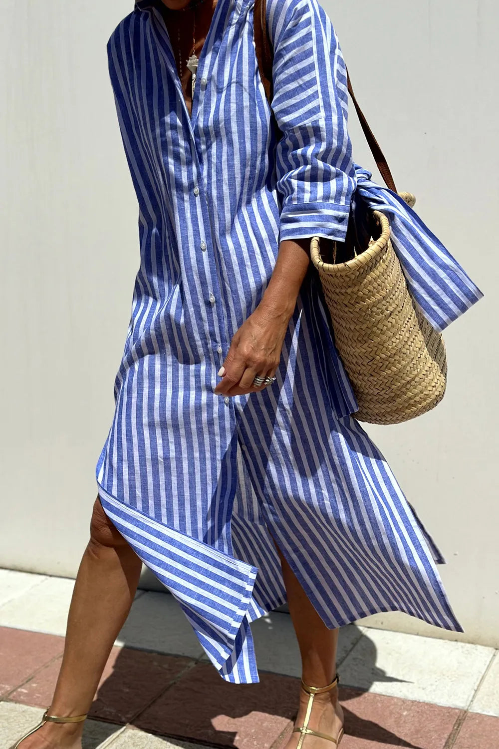 Tied Button Up Three-Quarter Sleeve Dress Royal Blue OutfitFlow