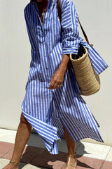 Tied Button Up Three-Quarter Sleeve Dress Royal Blue OutfitFlow