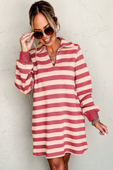 Outfit Flow - Contrast Striped Johnny Collar Long Sleeve Mini Dress