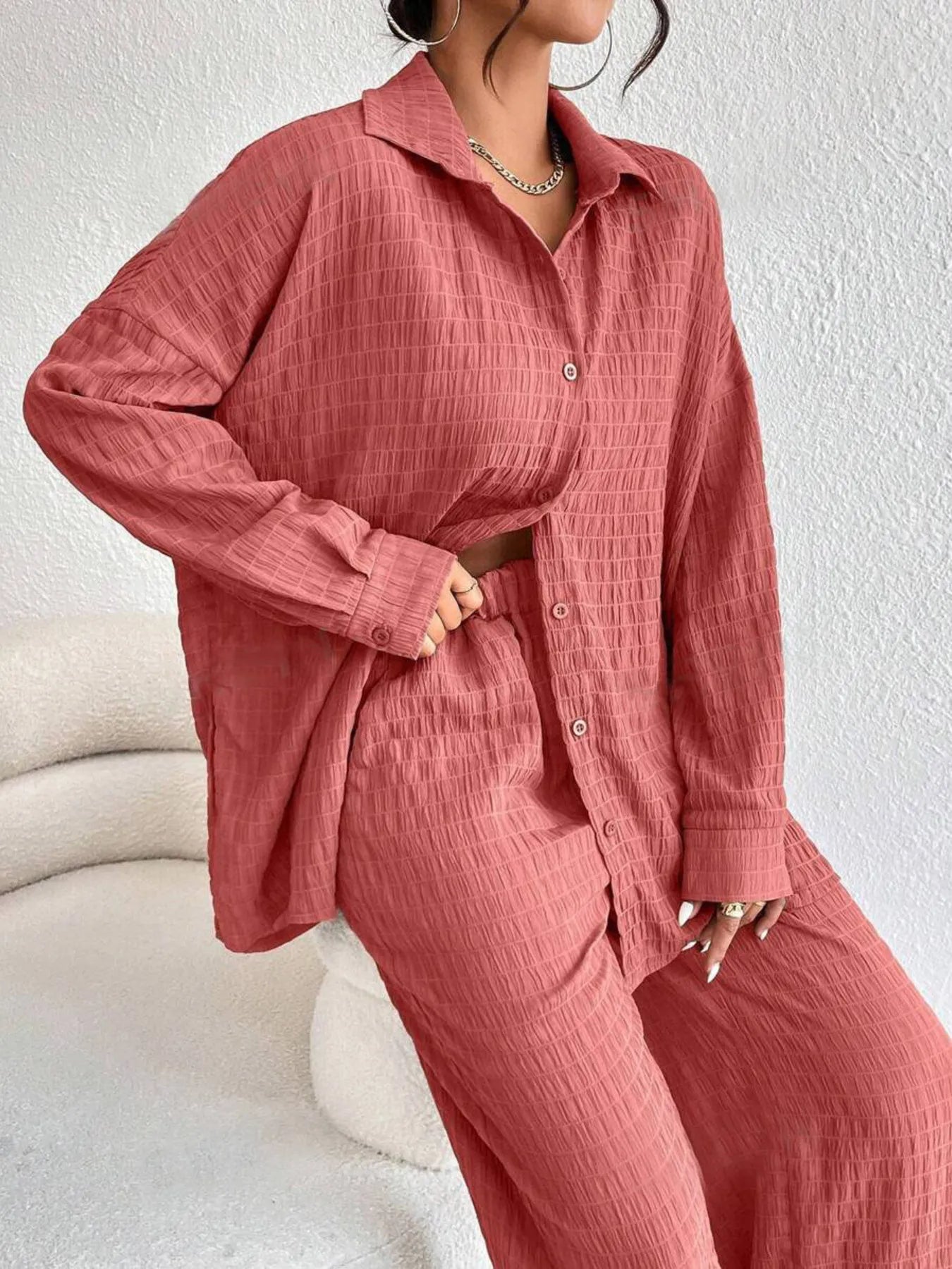 Button Up Long Sleeve Shirt and Pants Set OutfitFlow