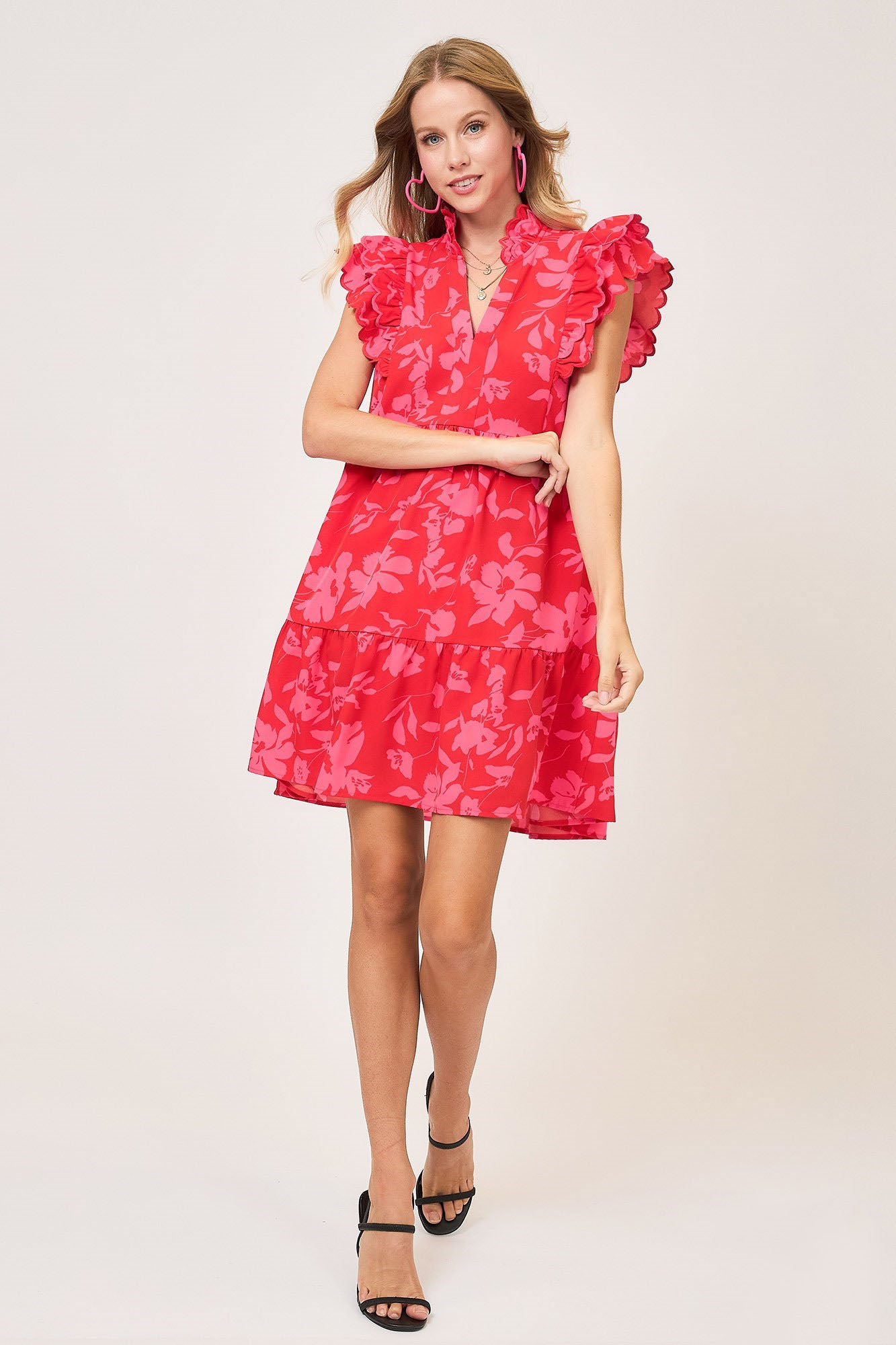 Umgee Full Size Two Tone Floral Print Ruffle Cap Sleeve Mini Dress Plus Size OutfitFlow