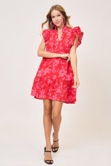 Umgee Full Size Two Tone Floral Print Ruffle Cap Sleeve Mini Dress Plus Size OutfitFlow