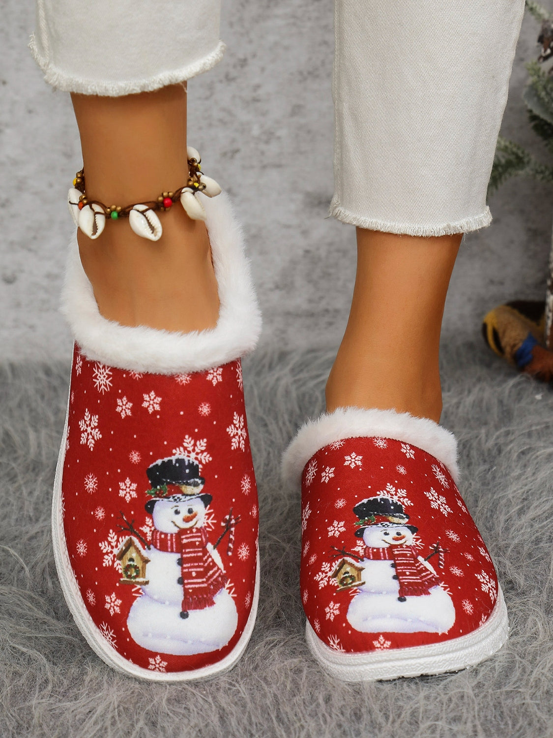 Outfit Flow - Snowman Print Flat Slippers with Faux Fur