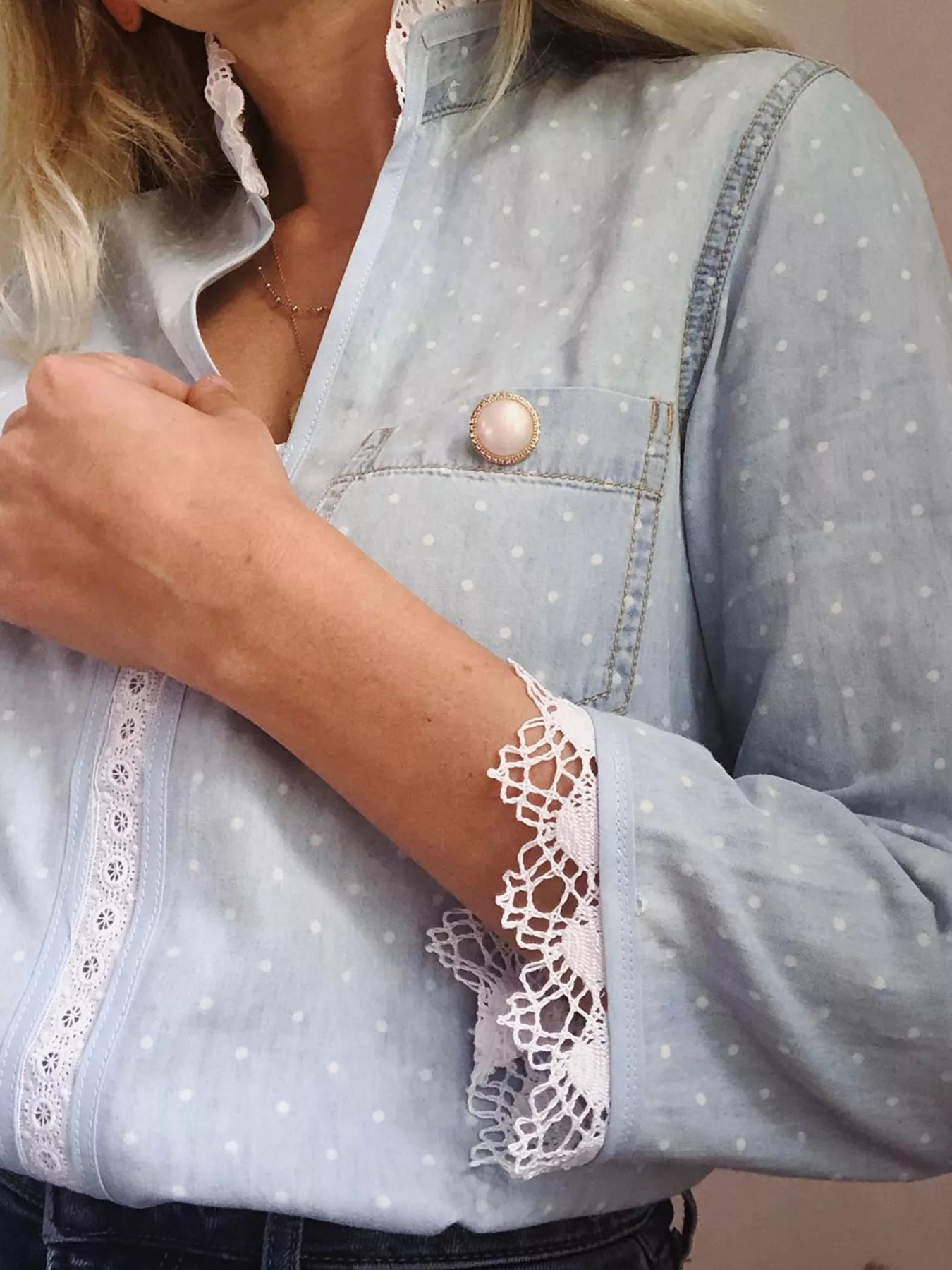 Lace Trim Patchwork Dotted Print Collared Blouse OutfitFlow