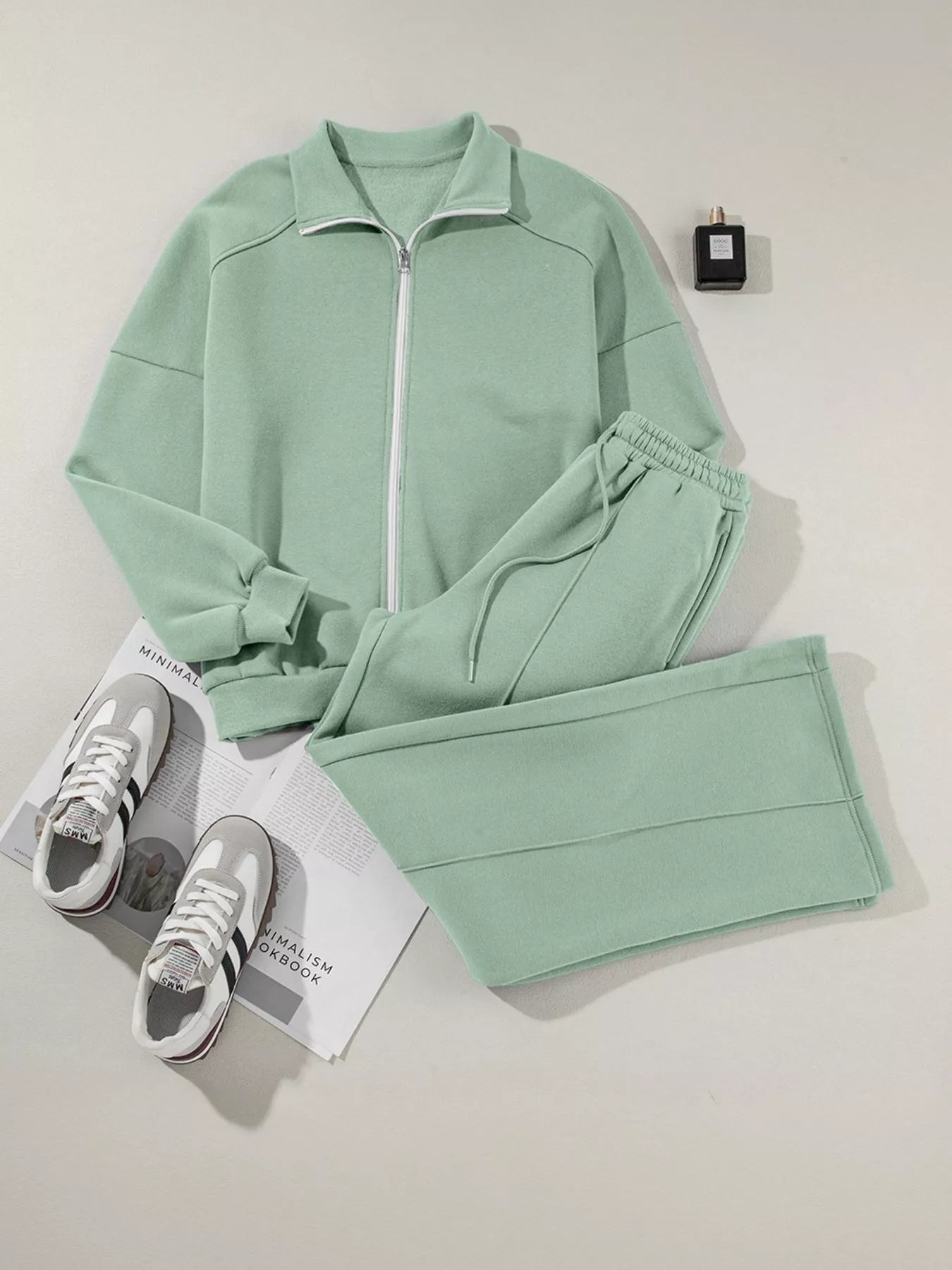 Drop Shoulder Zip Up Jacket and Drawstring Pants Active 2pcs Set OutfitFlow