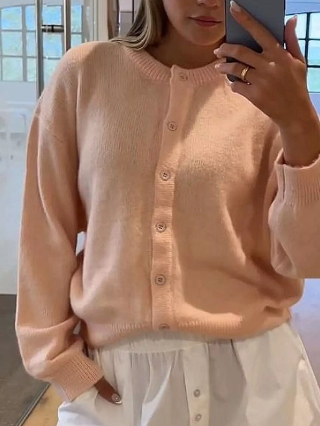 Button-Down Knit Cardigan Pale Blush OutfitFlow