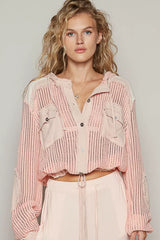 POL Texture Woven Button Down Hooded Shirt with Drawstring Hem PEACH MULTI OutfitFlow