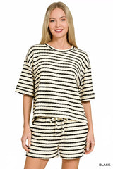 Zenana Striped Short Sleeve Tee & Shorts Set OutfitFlow