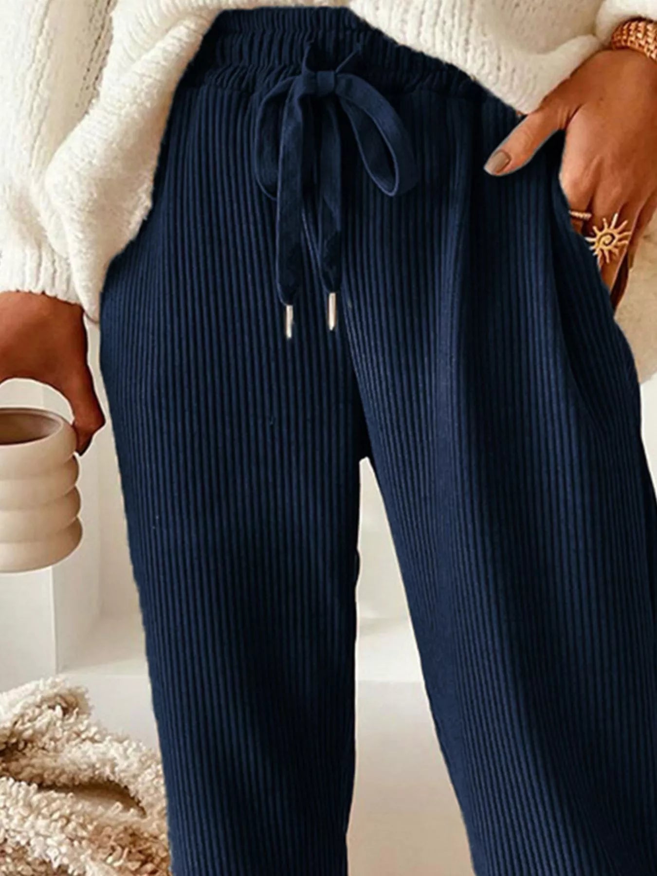 Casual Corduroy Drawstring Waist Pants OutfitFlow