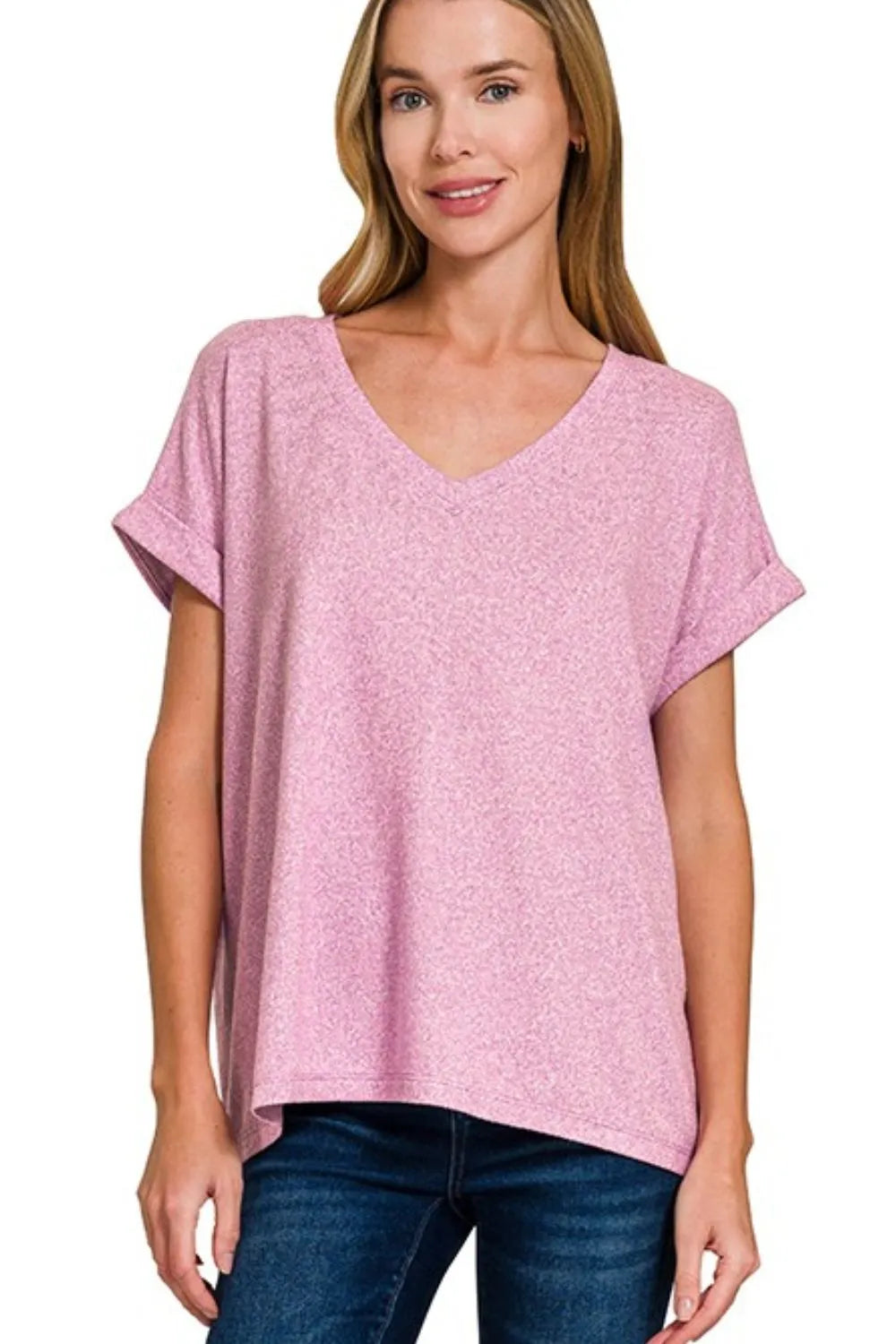Zenana Soft Melange Hacci V-neck Tee OutfitFlow