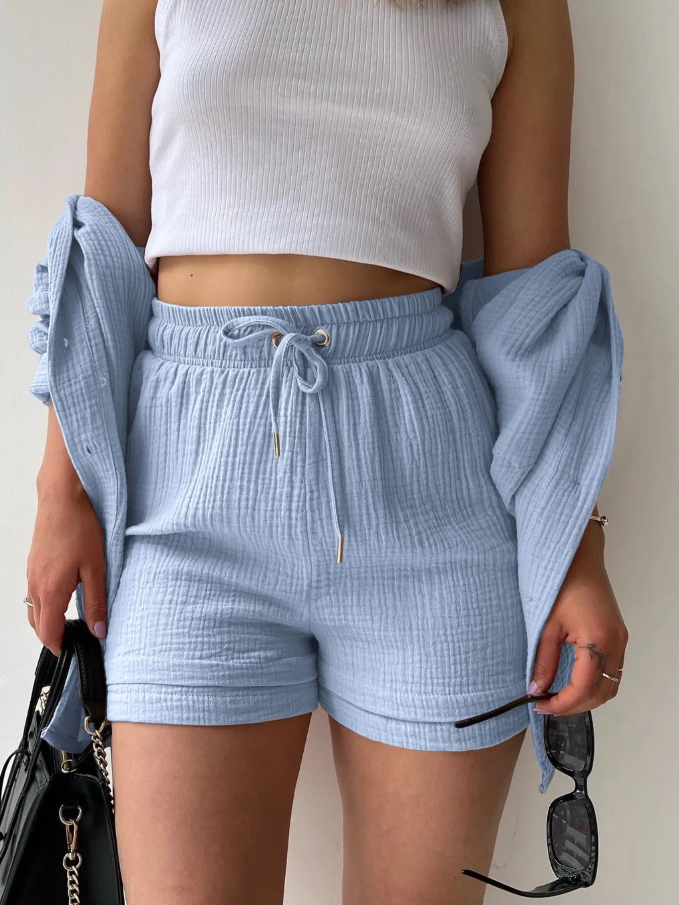 Textured Button Up Shirt and Shorts Set OutfitFlow