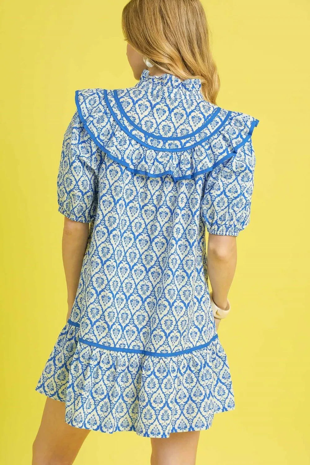 Umgee Ruffled Printed Puff Sleeve Mini Dress OutfitFlow