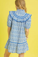 Umgee Ruffled Printed Puff Sleeve Mini Dress OutfitFlow