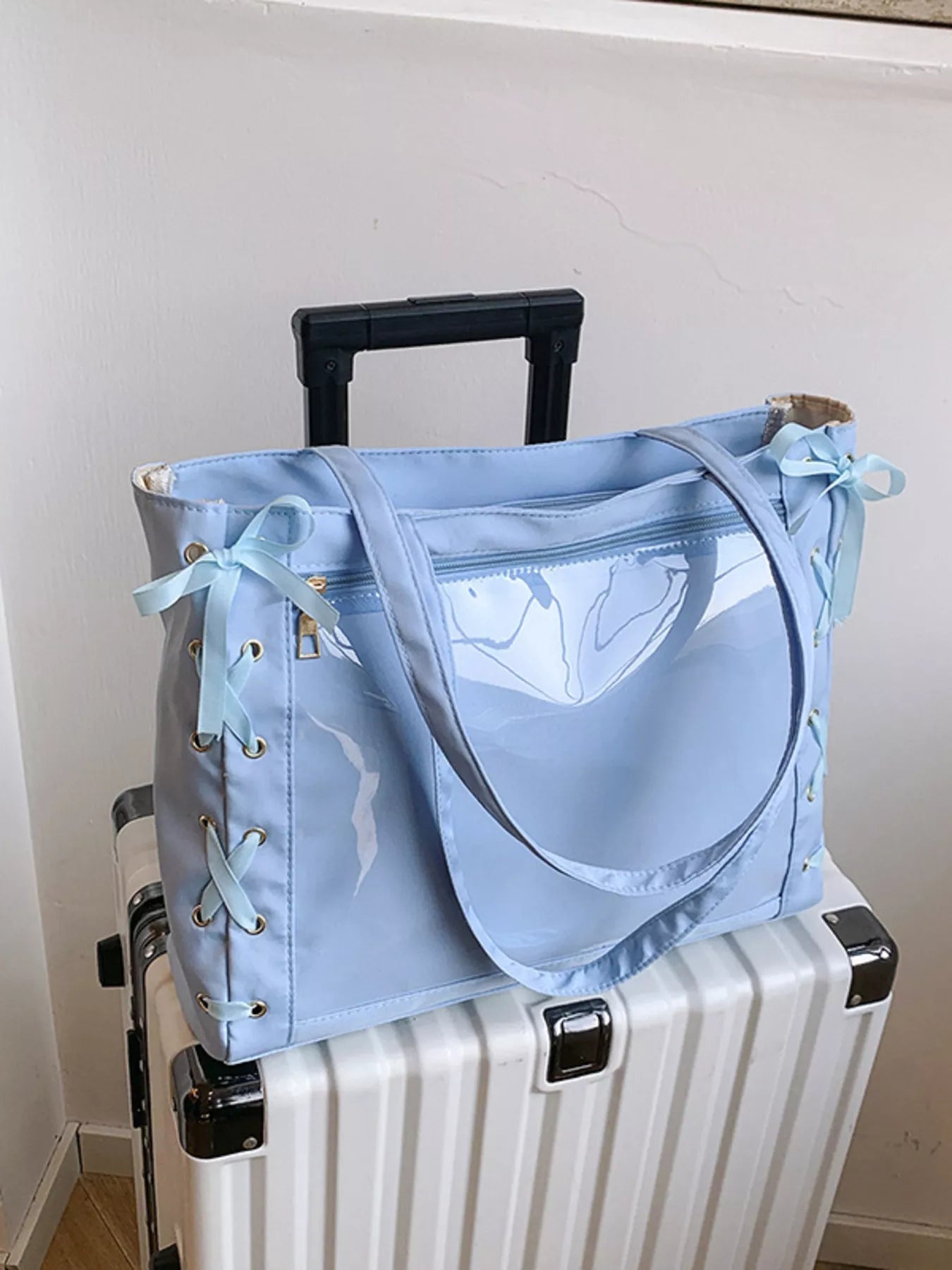 Lace-Up Trim Clear Panel Shoulder Bag OutfitFlow