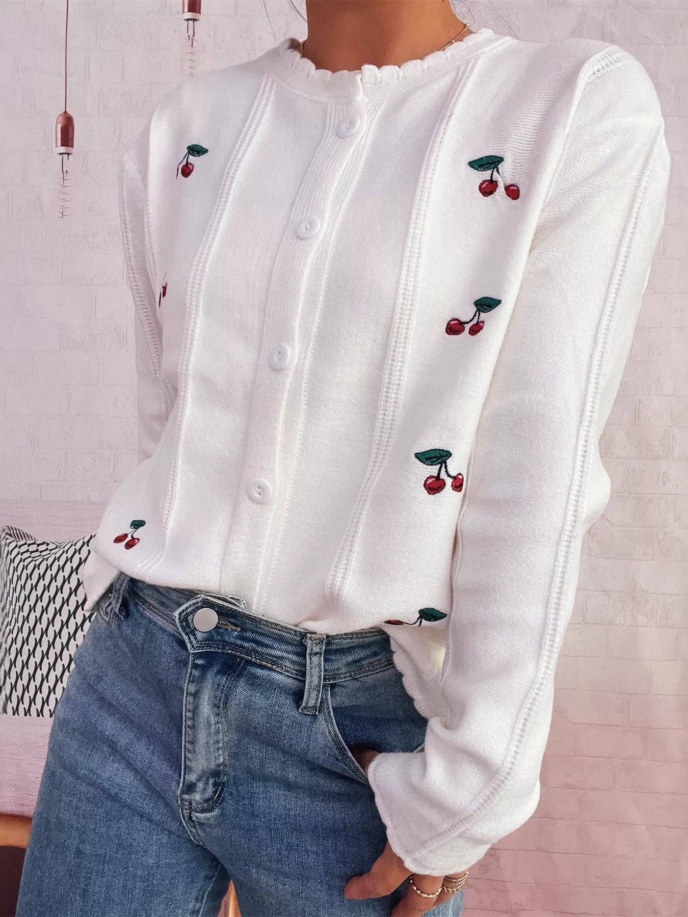 Cherry Embroidered Button Up Cardigan OutfitFlow