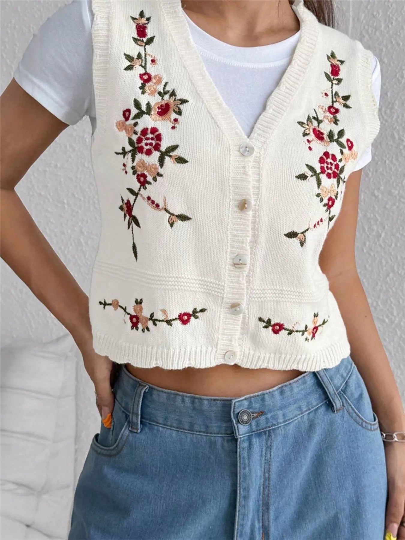 Embroidered Button Up Sweater Vest OutfitFlow