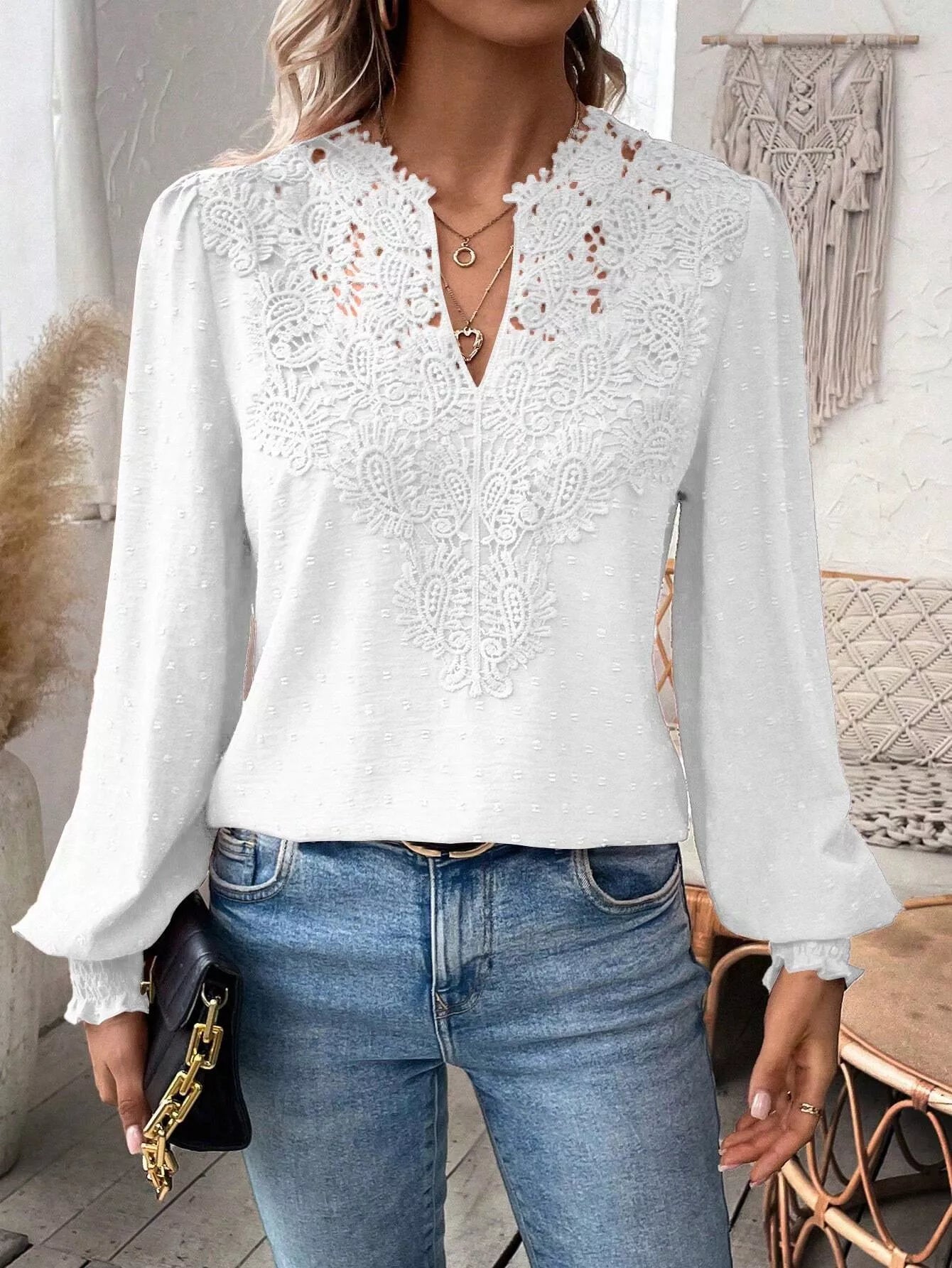 Swiss Dot Lace Detail Long Sleeve Blouse White OutfitFlow