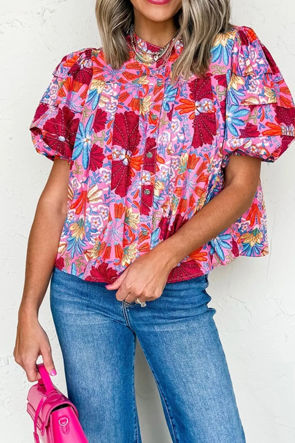 Floral Puff Sleeve Button-Up Top OutfitFlow