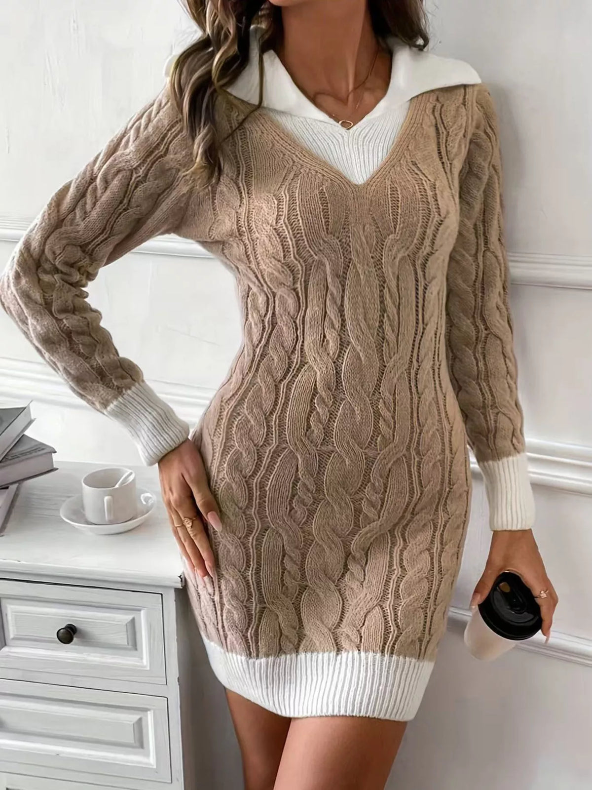 Cable Knit Contrast Trim Sweater Dress Khaki OutfitFlow