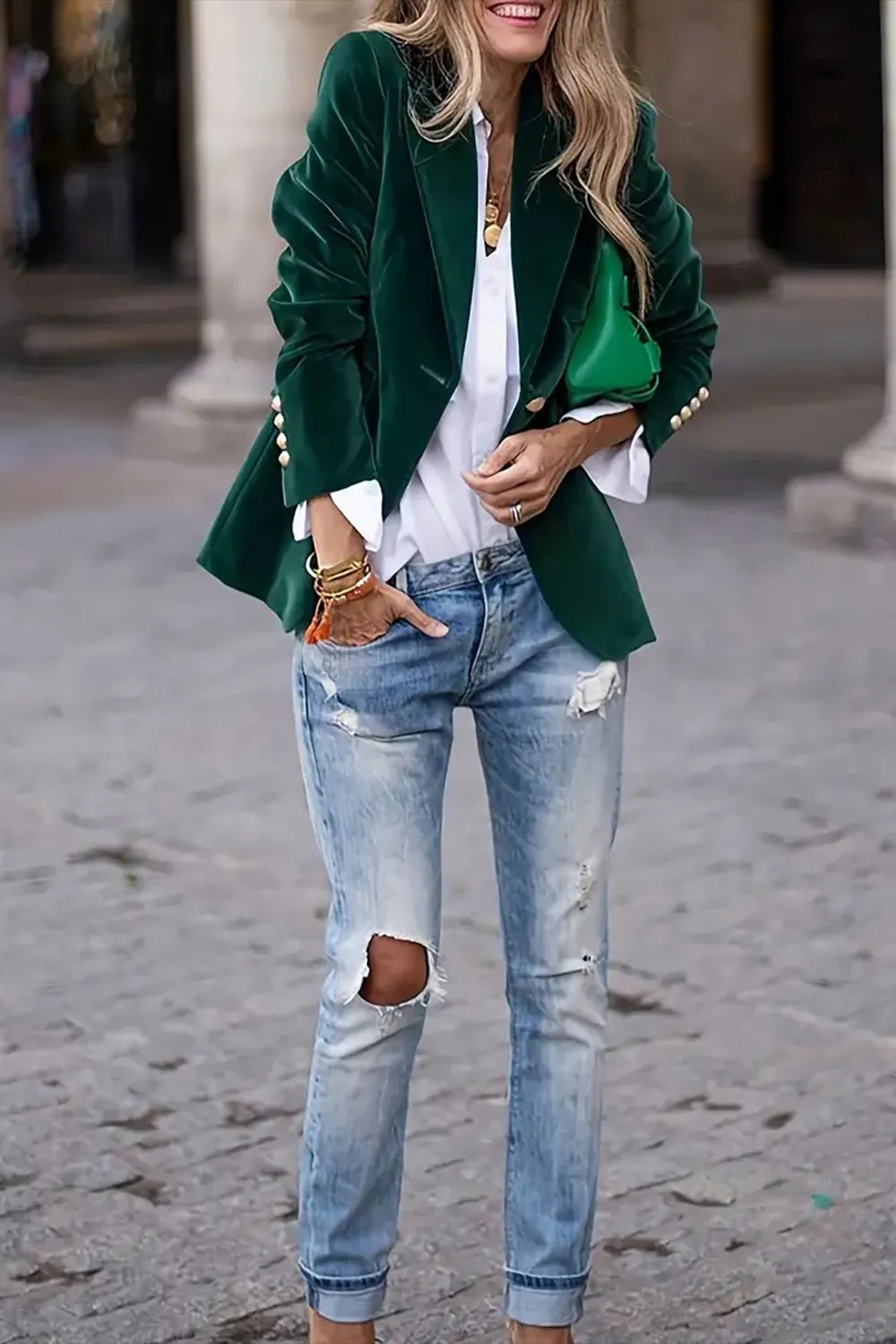 One Button Lapel Collar Long Sleeve Blazer Trendsi