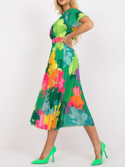 Printed Pleated Midi Wrap Dress with Belt OutfitFlow