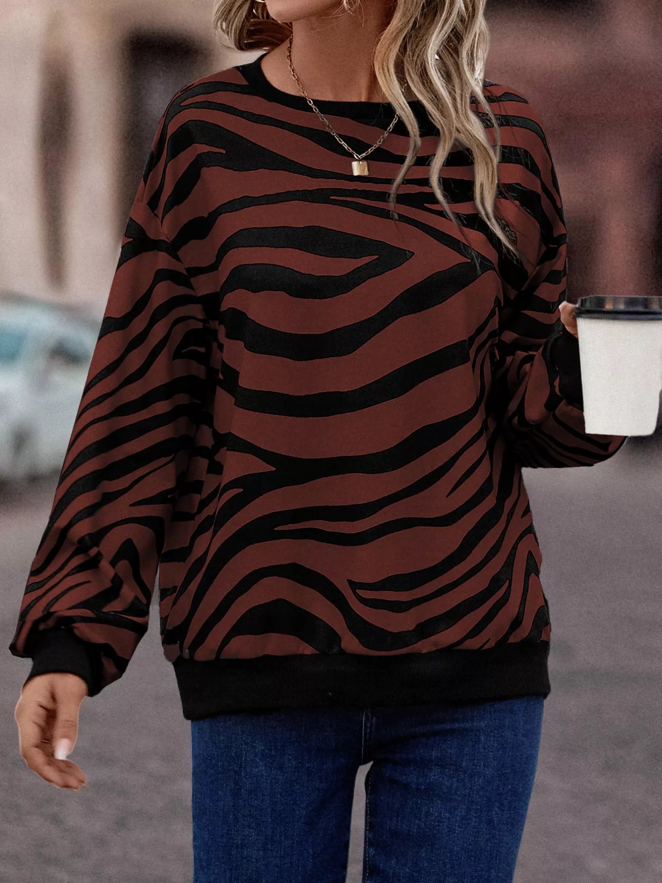 Zebra Print Round Neck Casual Sweatshirt OutfitFlow