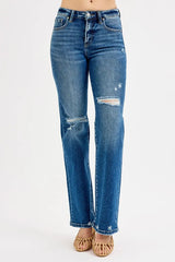 RISEN Full Size Tummy Control High Rise Straight Distressed Jeans Plus Size OutfitFlow
