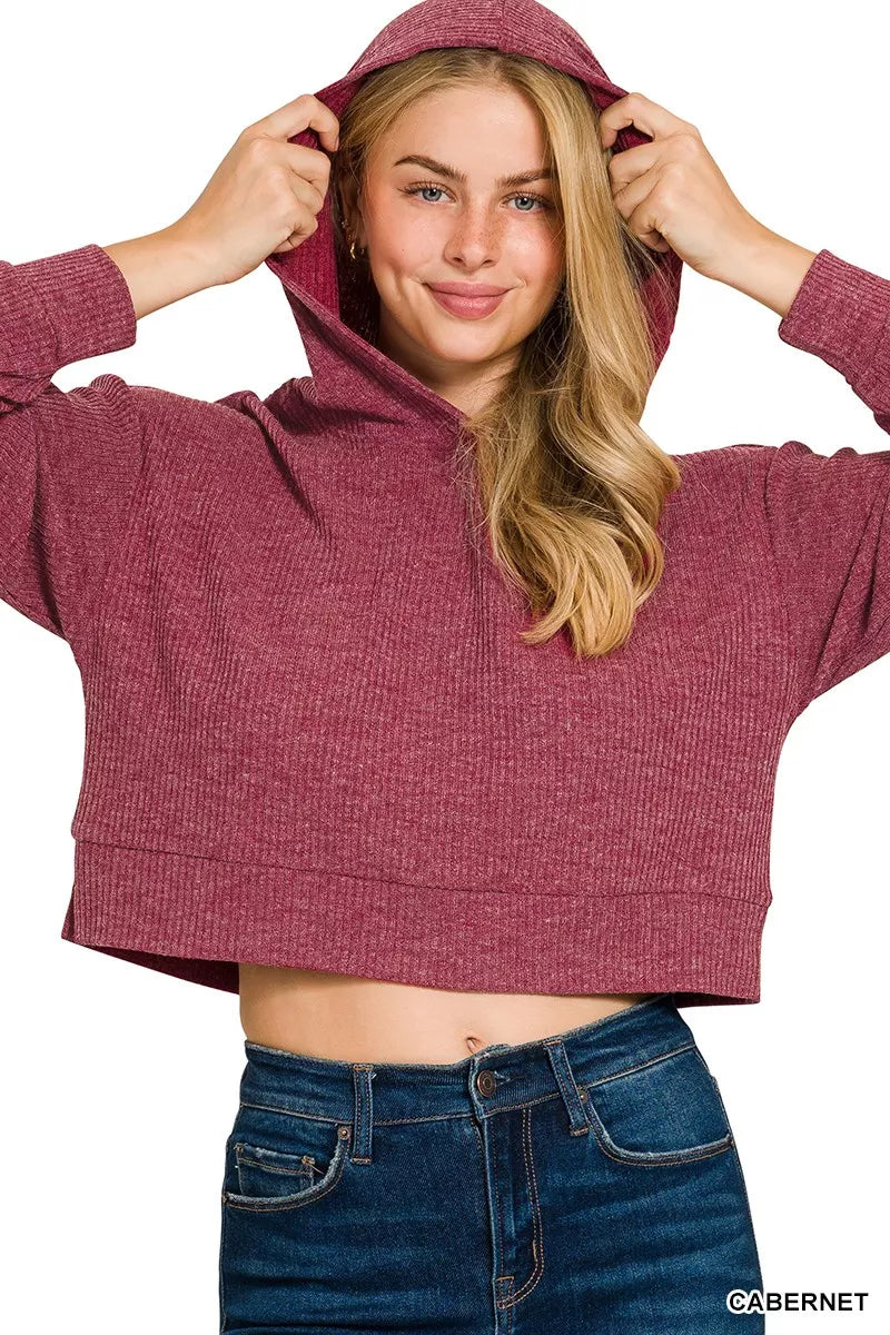 Zenana Drop Shoulder Ribbed Crop Hoodie OutfitFlow