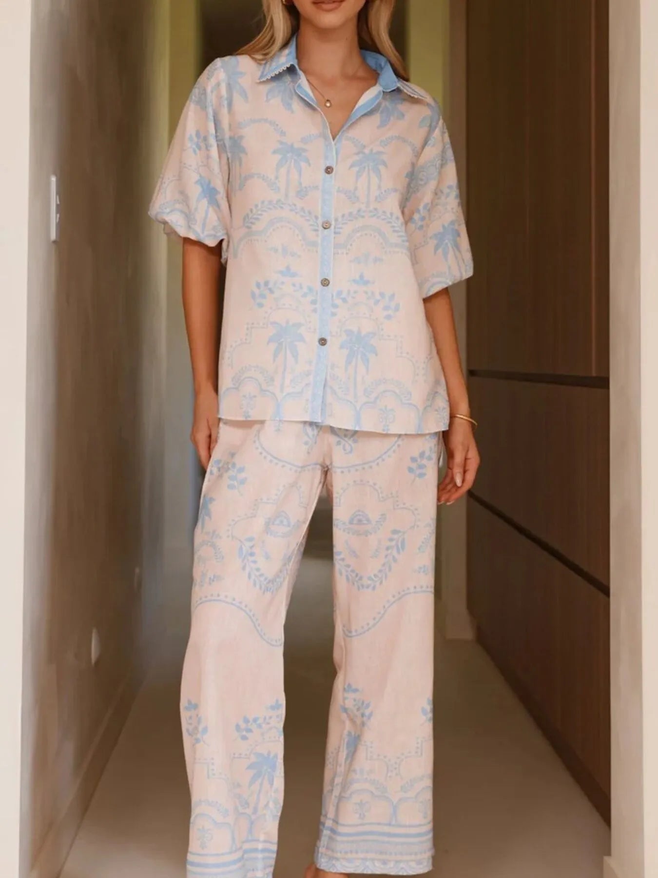 Printed Button Up Shirt and Pants Set OutfitFlow