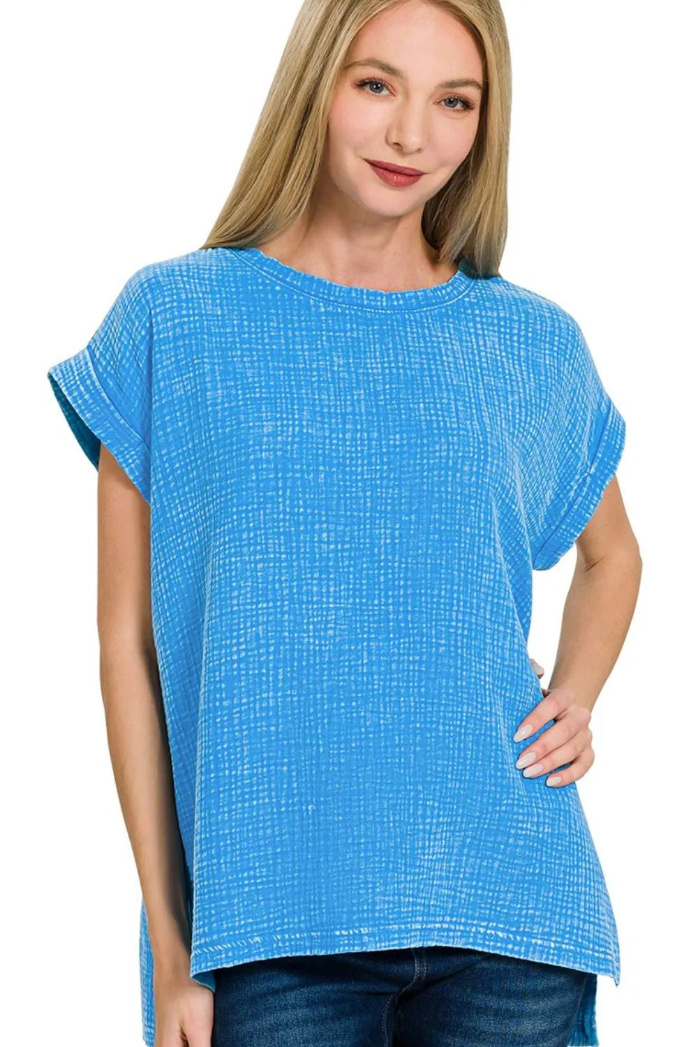 Zenana Woven Double Gauze Acid Washed Short Sleeve Top OutfitFlow