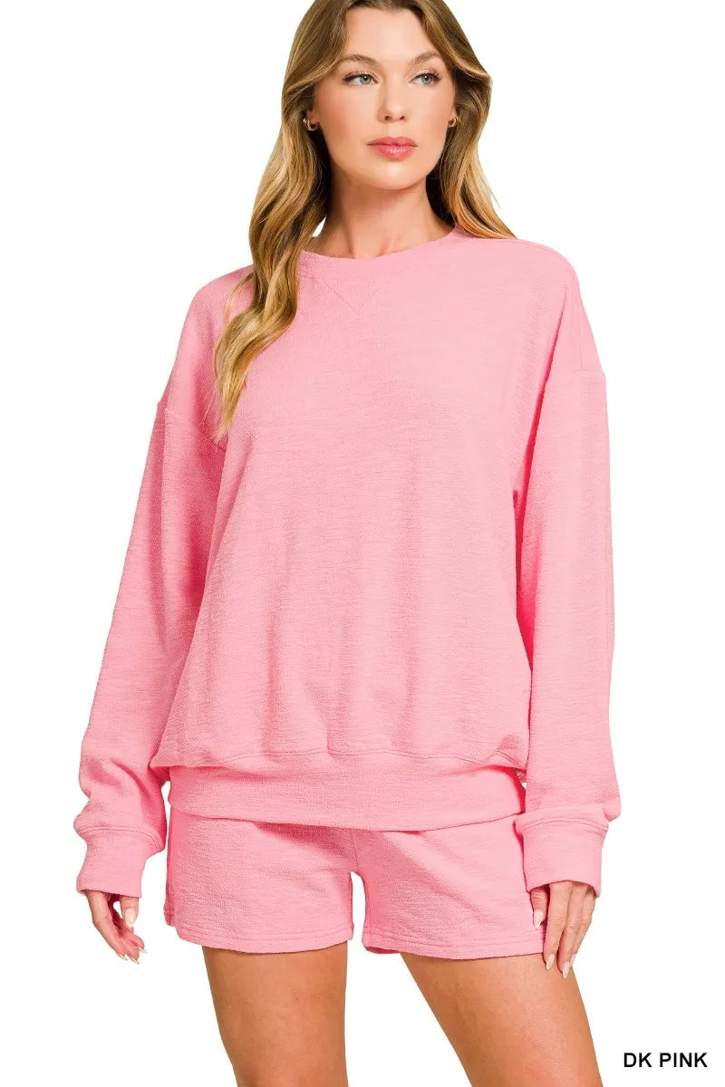 Zenana Slub Long Sleeve Top and Shorts Set DK PINK Trendsi