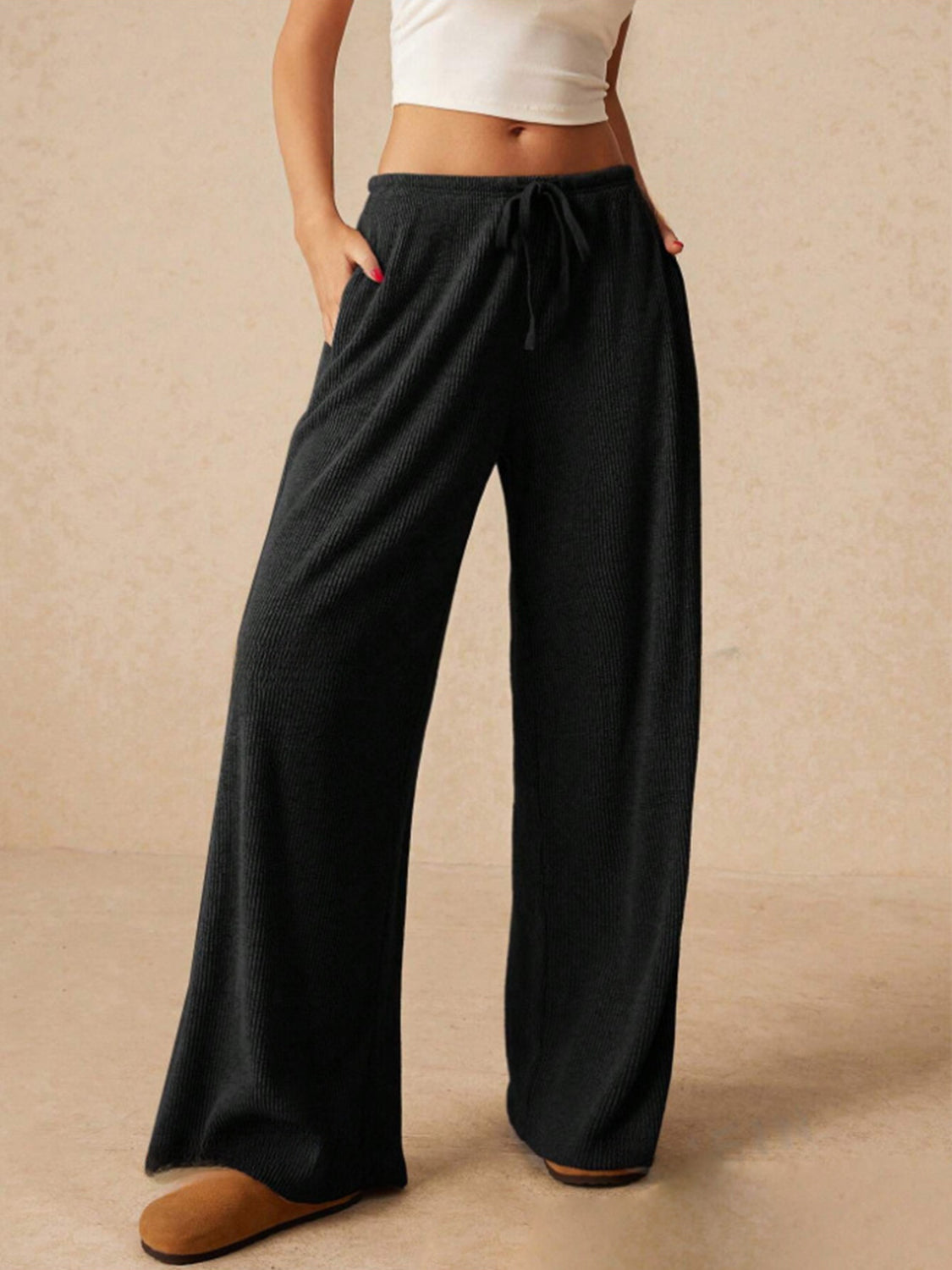 Outfit Flow - Ribbed Drawstring Wide Leg Pants